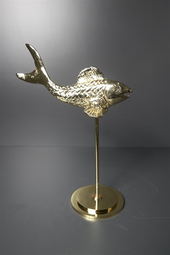 El Yapımı Kaideli Gold Metal Balık Figürlü 2'li Dekoratif Aksesuar 25Cm Dekoratif Obje