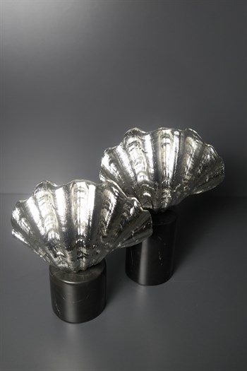 El Yapımı Kaideli Gümüş Metal İstiridye Figürlü 2'li Dekoratif Aksesuar 25Cm Dekoratif Obje