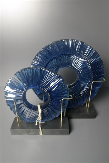 Gece Mavisi Cam Disk Siyah Kaideli 2'li Dekoratif Obje Dekoratif Obje