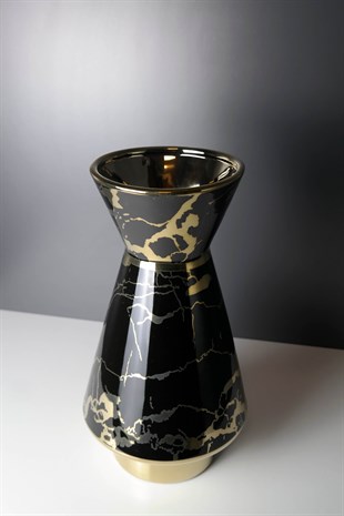 Gold Detaylı Mermer Görünümlü Siyah Geniş Seramik Vazo 37 Cm Dekoratif Ev Aksesuarları