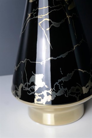 Gold Detaylı Mermer Görünümlü Siyah Geniş Seramik Vazo 37 Cm Dekoratif Ev Aksesuarları