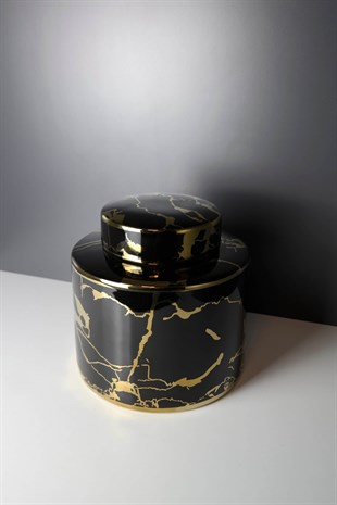 Gold Detaylı Siyah Seramik Memer Görünümlü Kutu Kavanoz 21 Cm Dekoratif Ev Aksesuarları