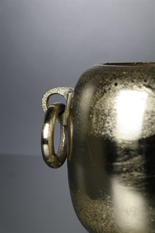 Gold Döküm Demir Küpeli Kulplu Metal Vazo Küçük 16 Cm Dekoratif Ev Aksesuarları