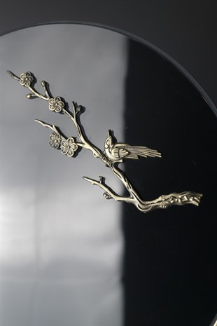 Gold Kuş Dalı Detaylı Mermer Tabanlı Dekoratif Cam Disk 50 Cm Dekoratif Ev Aksesuarları