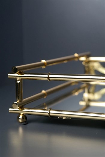 Gold Renk Bambu Tasarımlı İçi Aynalı Tepsi Büyük Dekoratif Tepsi