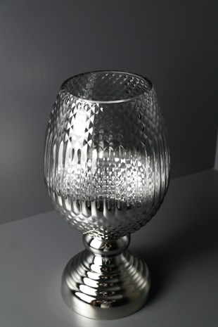 Gri Cam Gümüş Tabanlı Kısa Dekoratif Vazo 32 Cm