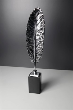 Gümüş Eskitme Yaprak figürü Siyah Kaideli Obje 35 Cm Dekoratif Ev Aksesuarları