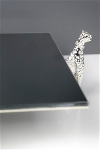 Gümüş Kaplama El Yapımı Pirinç Jaguar 4 Ayaklı Kare Dekoratif Siyah Cam Tepsi 39 Cm Tepsi