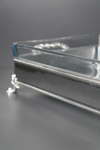 Gümüş Kaplama Metal Saplı Borcam Dikdötgen Tepsi Küçük Dekoratif Tepsi