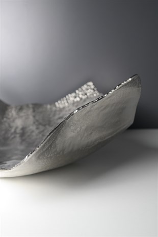 Gümüş Nikel Metal Döküm Geniş Yayvan Meyvelik Kase Büyük 42Cm Dekoratif Ev Aksesuarları