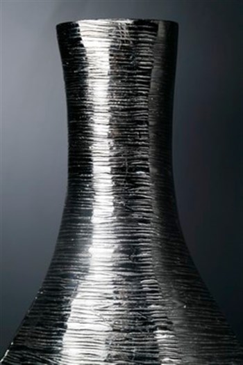 Gümüş Renk Yassı Uzun Dekoratif Metal Vazo 54 Cm Vazo