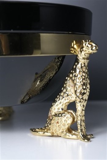 Jaguar Gold Detaylı El Yapımı Pirinç Gövde 3 Ayaklı Siyah Cam Kase 25 Cm Dekoratif Kase
