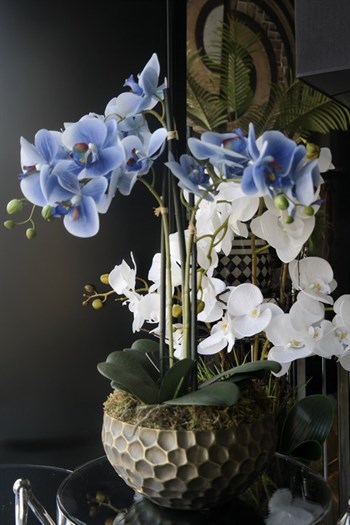 Pirinç Metal Saksı Mavi Orkide Yapay Çiçek Arajmanlı 60 Cm Dekoratif Yapay Çiçek