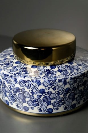 Seramik Mavi Desenli Beyaz Zeminli Gold Kapaklı Dekoratif Obje 18 Cm