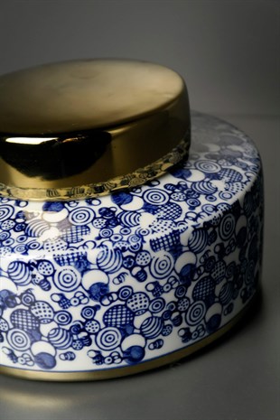 Seramik Mavi Desenli Beyaz Zeminli Gold Kapaklı Dekoratif Obje 18 Cm