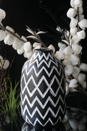Siyah Beyaz Eskitme Detaylı Seramik Vazo 25 Cm Dekoratif Vazo