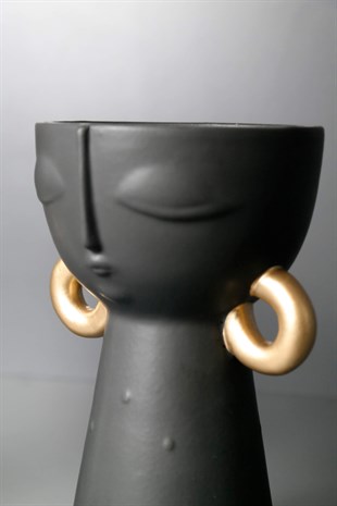 Siyah Beyaz İkili Gold Detaylı Yüz Tasarımlı Vazo Takımı 18 Cm Dekoratif Ev Aksesuarları