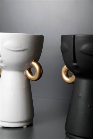 Siyah Beyaz İkili Gold Detaylı Yüz Tasarımlı Vazo Takımı 18 Cm Dekoratif Ev Aksesuarları