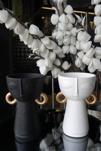 Siyah Beyaz İkili Gold Detaylı Yüz Tasarımlı Vazo Takımı Dekoratif Vazo
