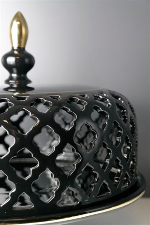 Siyah Gövde Gold Detaylı Ayaklı Transparan Seramik Pasta Standı 30 Cm Dekoratif Ev Aksesuarları