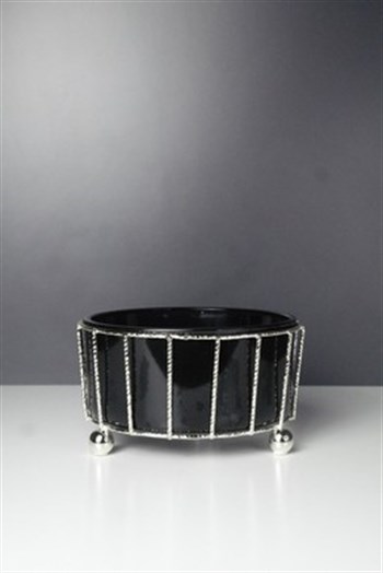 Siyah Gövde Pirinç Üzeri Gümüş Kaplama Tel Detaylı Cam Kase 17 Cm Dekoratif Kase