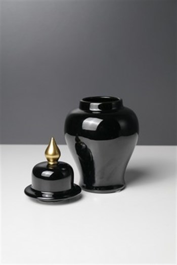 Siyah Küp Kapaklı Minyatür Gold Detaylı Dekoratif Seramik Küp 20 Cm Dekoratif Küp