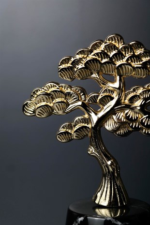 Siyah Mermer Kaide Üzeri Gold Metal Bulutlu Ağaç Tasarımlı Dekoratif Obje 23 Cm Dekoratif Ev Aksesuarları