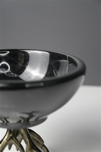 Siyah Mermer Kase Pirinç Metal Dal Detaylı Ayaklı 11 Cm Dekoratif Kase