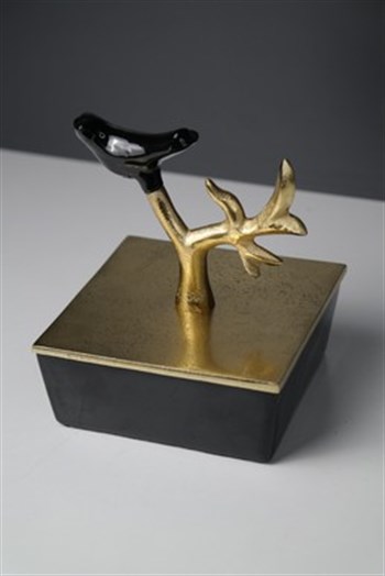 Siyah Metal Göve Gold Kapaklı Kuş Detaylı Dekoratif Kutu Küçük 12 Cm Dekoratif Kutu