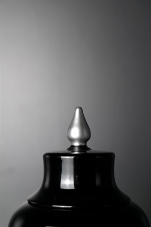 Siyah Parlak Yüzey Düz Seramik Fes küp Gri Kapaklı 23 Cm Dekoratif Ev Aksesuarları
