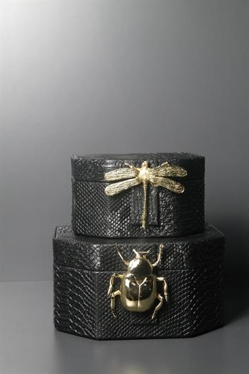 Siyah Renk Deri Kaplama Siyah Yusufçuk ve Uğur Böceği Dekoratif 2'li Kutu 20-16 Cm Dekoratif Kutu