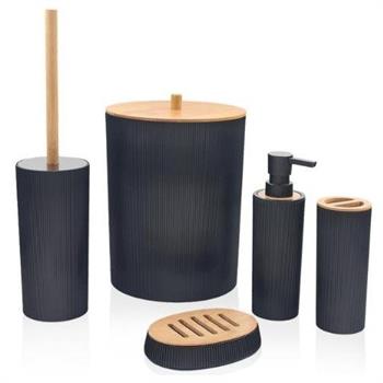 Stripe Bambu Kapaklı Banyo Seti 5 Parça Siyah Banyo Seti