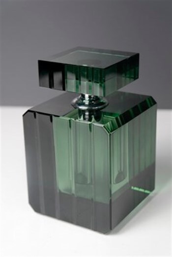 Yeşil Kristal Cam Kare Döner Kapaklı Dekoratif Parfüm Şişesi 13 Cm Şişe