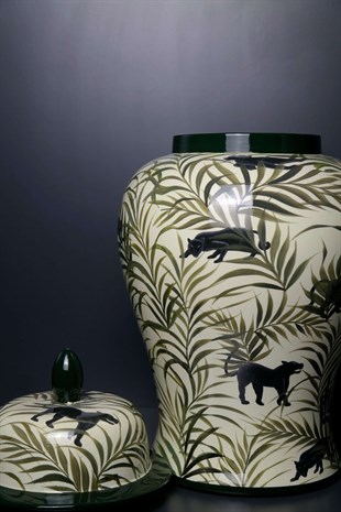 Yeşil Seramik Jaguar ve Yaprak Desenli Dekoratif Küp 47 Cm