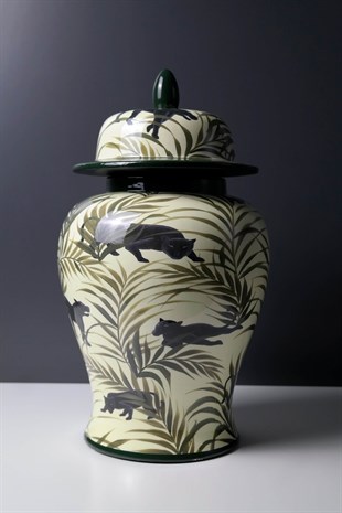 Yeşil Seramik Jaguar ve Yaprak Desenli Dekoratif Küp 38 Cm