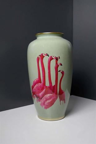 Yeşil Seramik Kırmızı Flamingolu Gold Detaylı Dekoratif Vazo