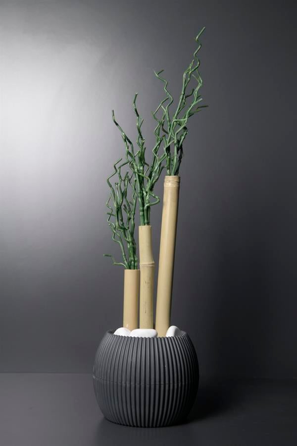 Yeşil Yapay Bambu Yapraklı Saksı 50cm Dekoratif Kase