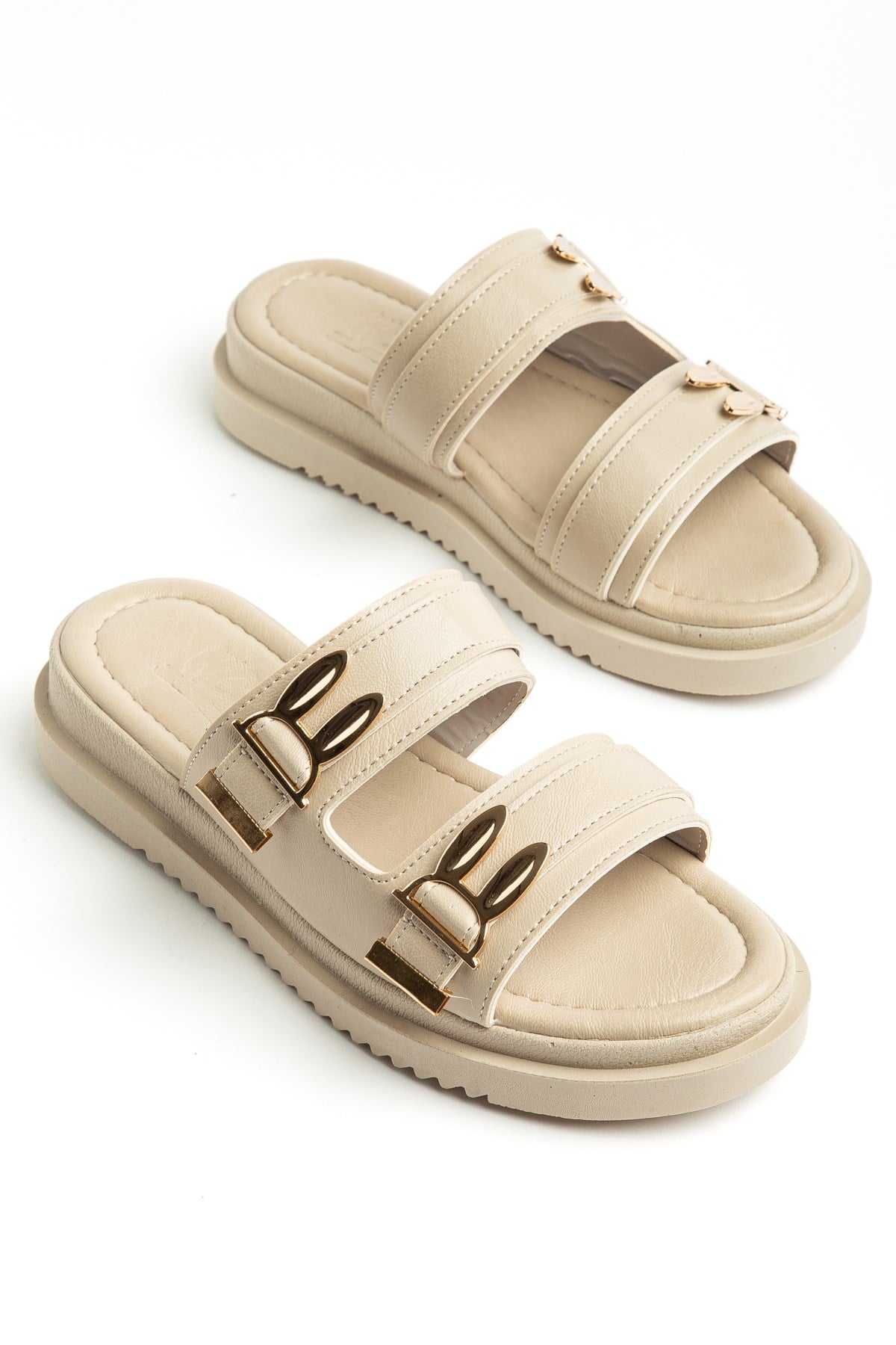 LEOPAR DESENLİ ÇAPRAZ BANTLI KADIN DOLGU TOPUKLU TERLİK BEJ