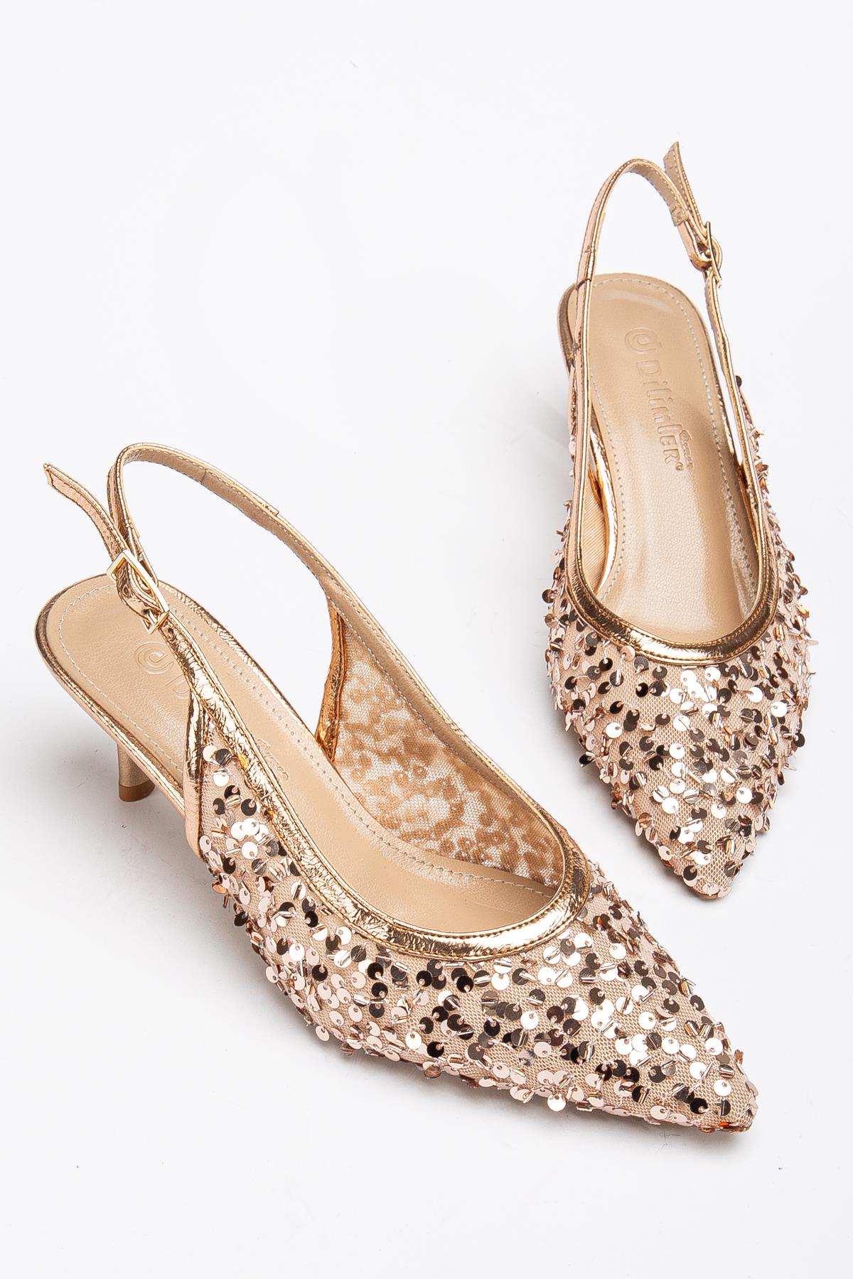 ARKA AÇIK PULLU FİLE MALZEME KADIN TOPUKLU AYAKKABIROSE