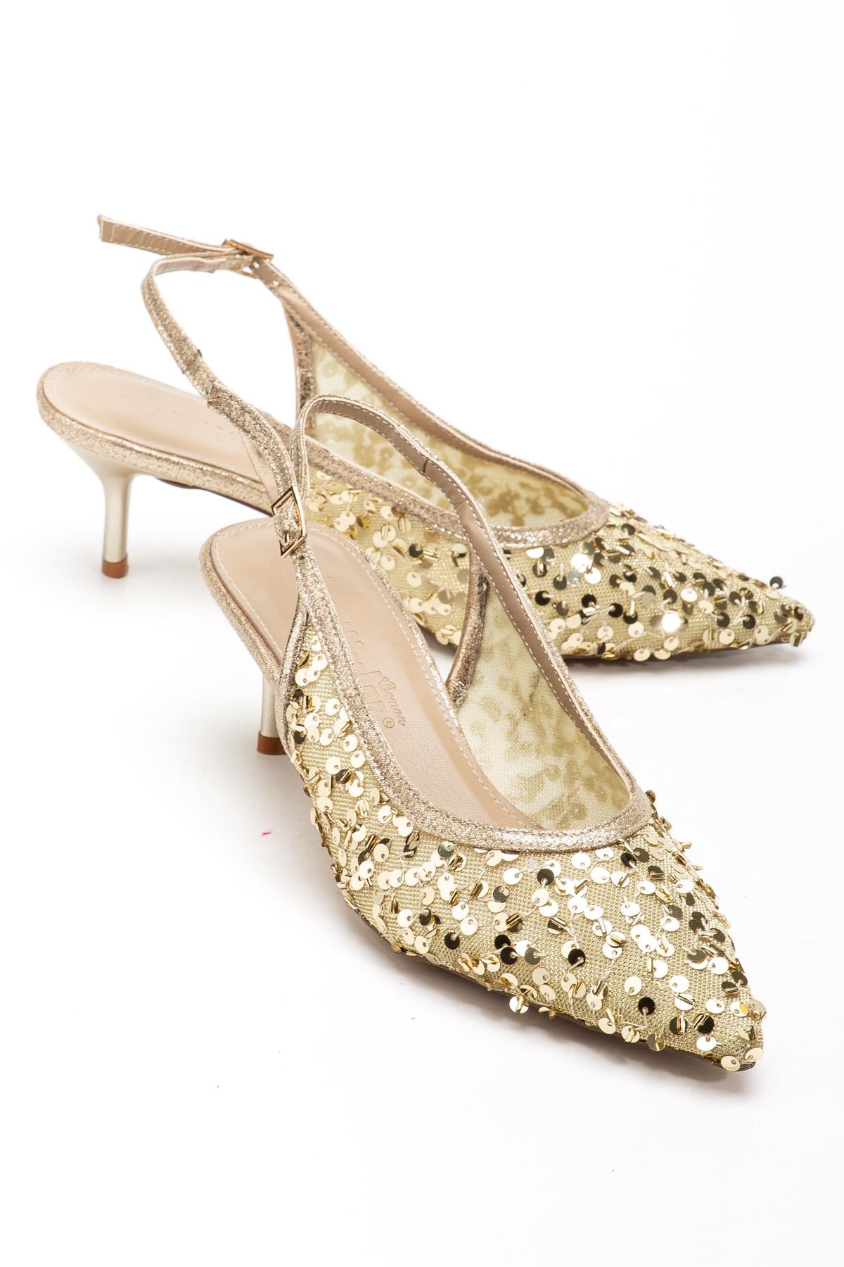 ARKA AÇIK PULLU FİLE MALZEME KADIN TOPUKLU AYAKKABIGOLD