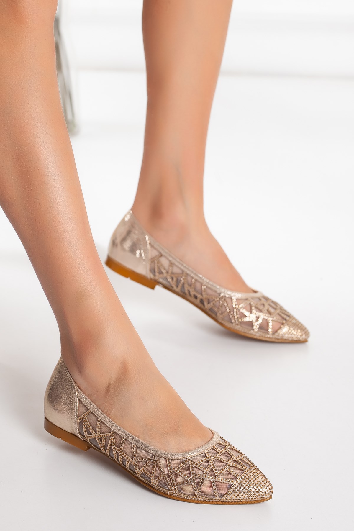 Tüllü Taşlı Gold Kadın Babet | Dilimler Ayakkabı