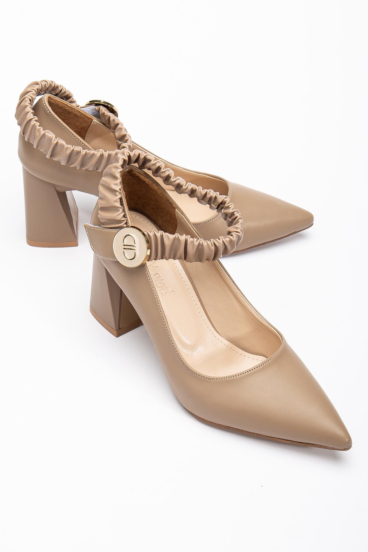 Bilek Elastik Bantlı Suni Deri Vizon Kadın Kalın Topuklu Ayakkabı Stiletto