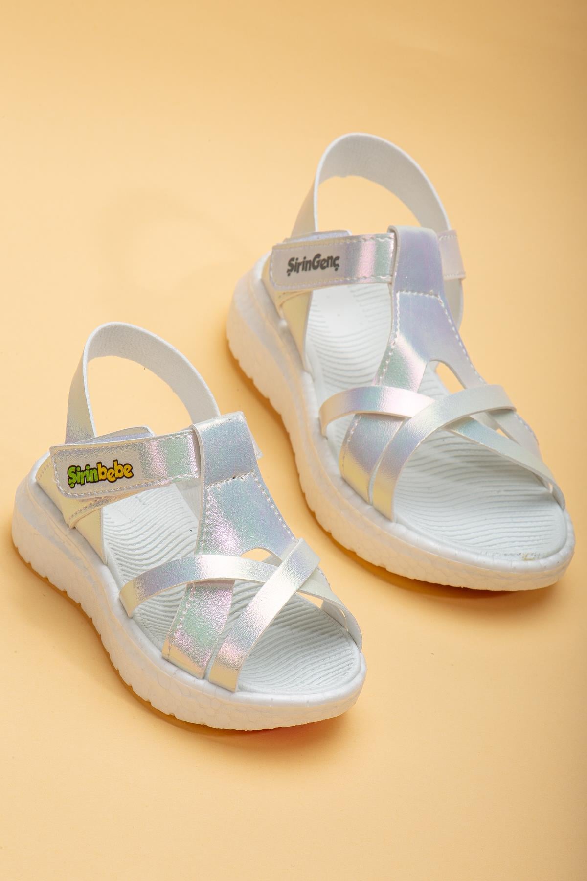 DİREKLİ YÜZÜ ÇAPRAZ BANTLI KIZ BEBE ÇOCUK SANDALET SEDEF