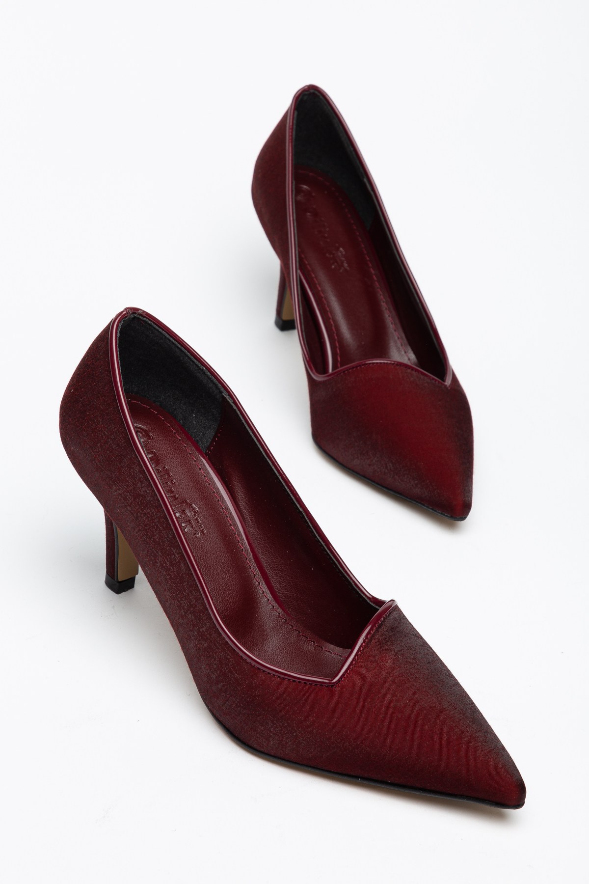 Kadın İnce Topuklu Stiletto Ayakkabı Saten Yan YüzBORDO