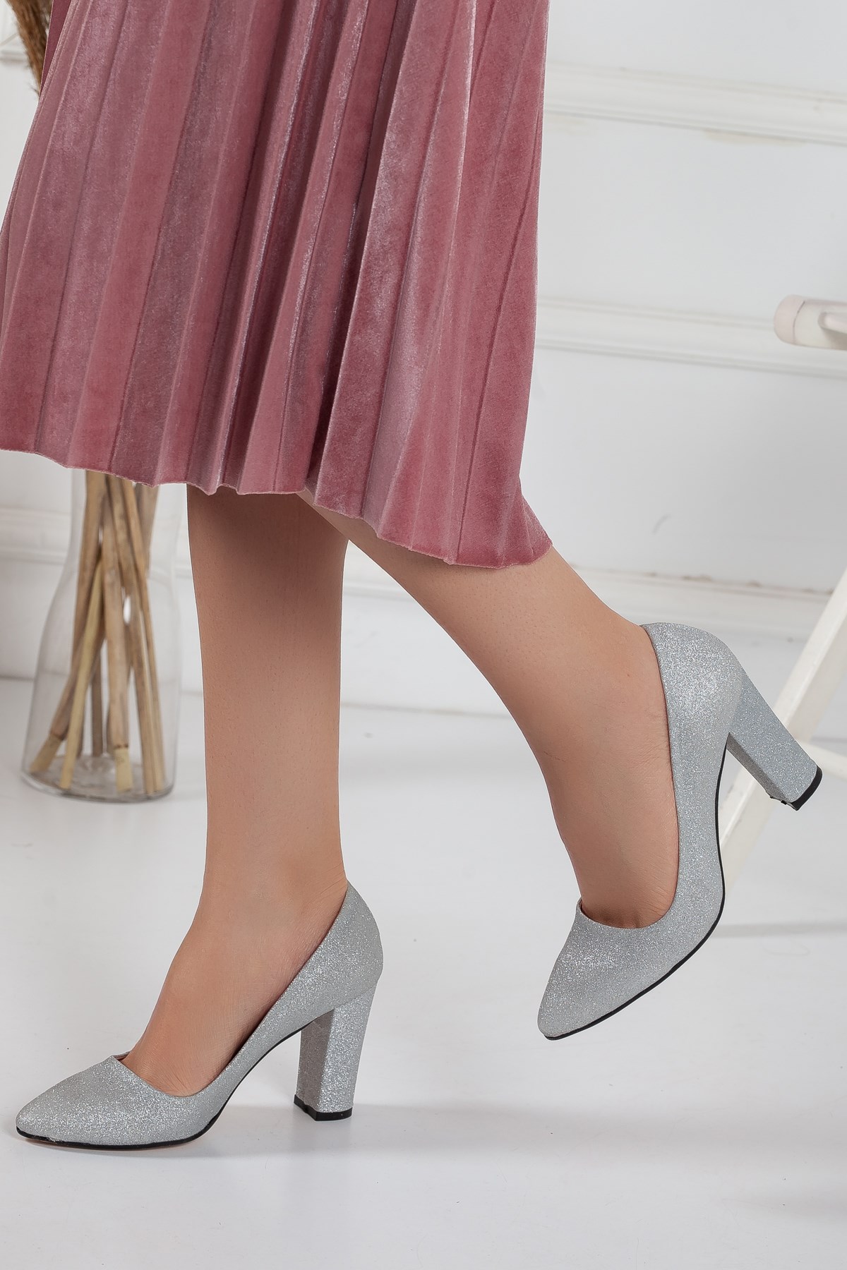 Kalın Topuklu Simli Gümüş Kadın Stiletto | Dilimler Ayakkabı