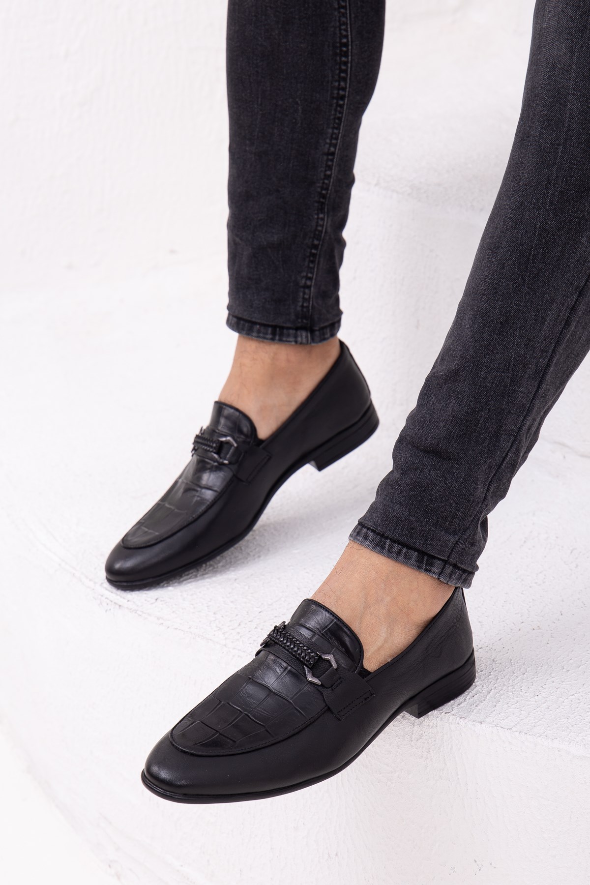 Hakiki Deri Rok Kroko Siyah Erkek Klasik Loafer Ayakkabı