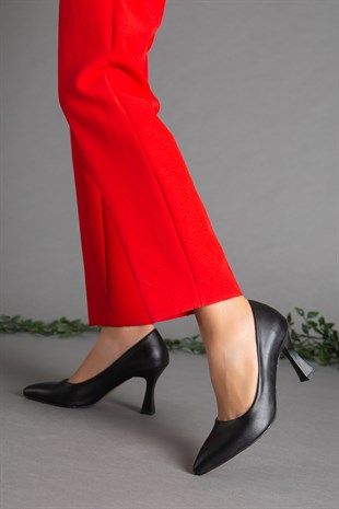 Cilt İnce Topuk Siyah Büyük Numara Kadın Ayakkabısı Topuklu Stiletto