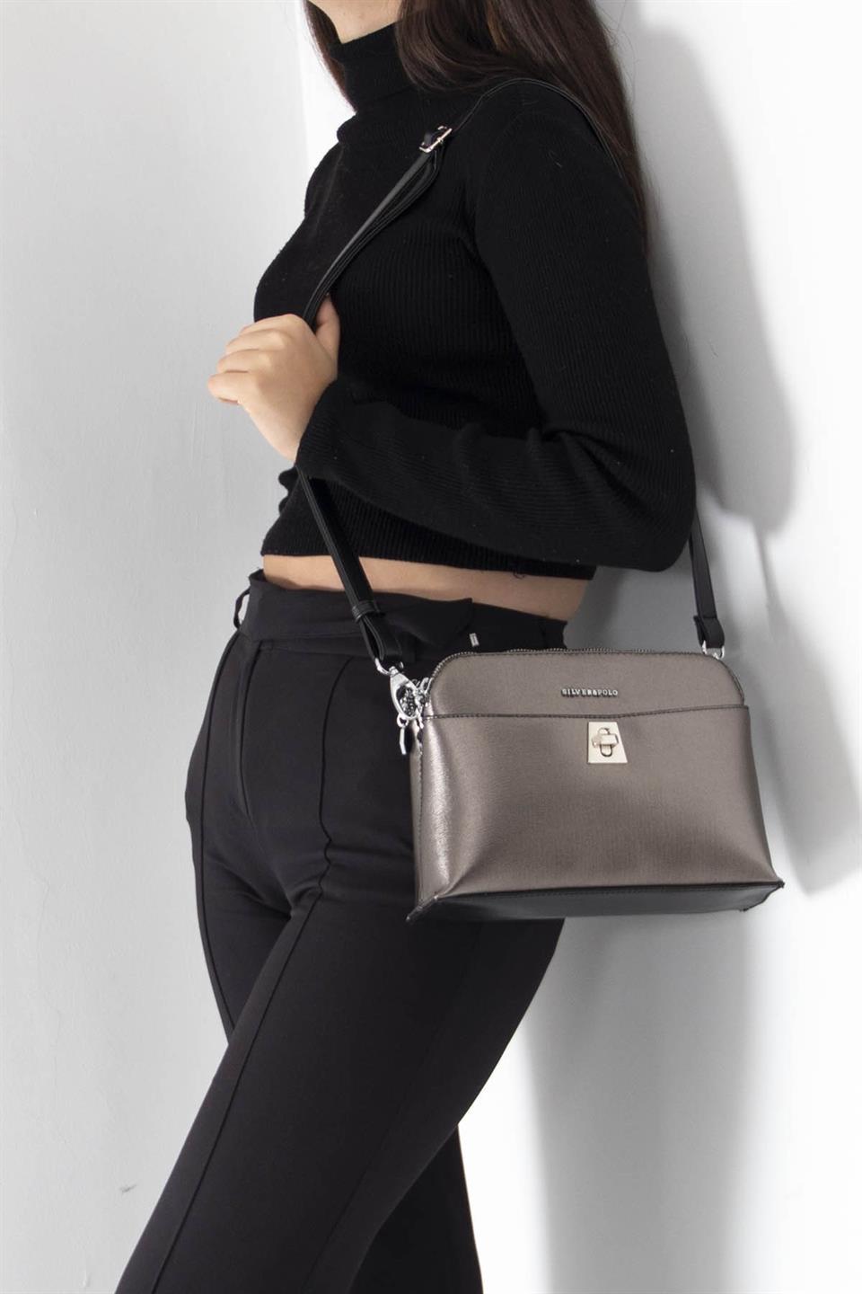 Kadın Çapraz Çanta Platin - Siyah SP623 Silver & Polo