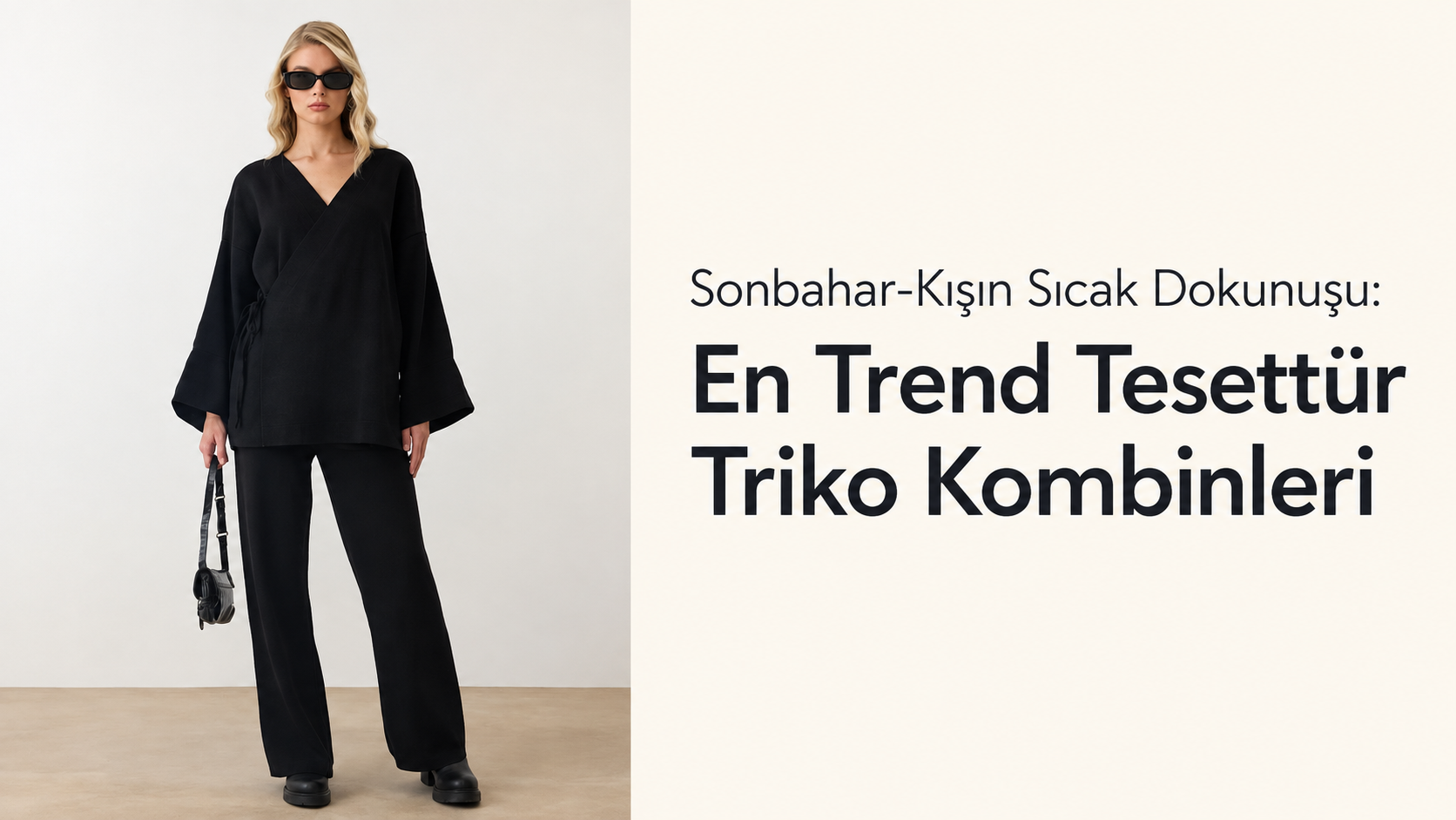 Sonbahar-kış tesettür triko kombinleri için siyah triko takım giyen kadın