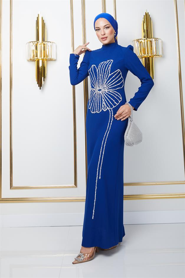 Önü Taş Ve Puldan Motif Desenli Krep Tesettür Abiye Elbise SAKS 1672